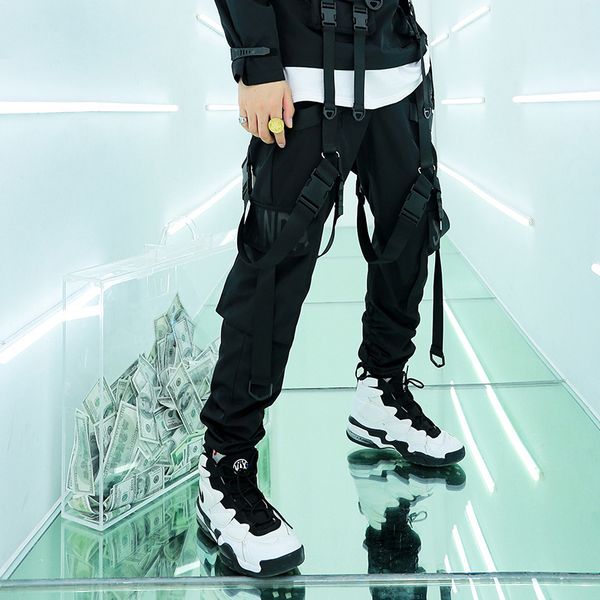 

men elastic waist ribbons design harem pant men streetwear punk hip hop casual trousers joggers male dancing pant black