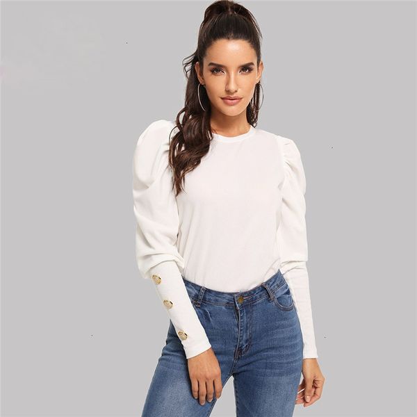 

women designer clothes tee shirt femme elegante witte t shirt vrouwen lange mouw bladerdeeg mouw knop detail herfst shirts dames, White