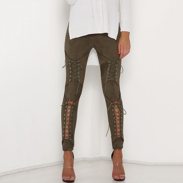 

new suede leather pencil pants lace up cut out fashion trousers for women bandage legging pants lace-up women's, Black;white