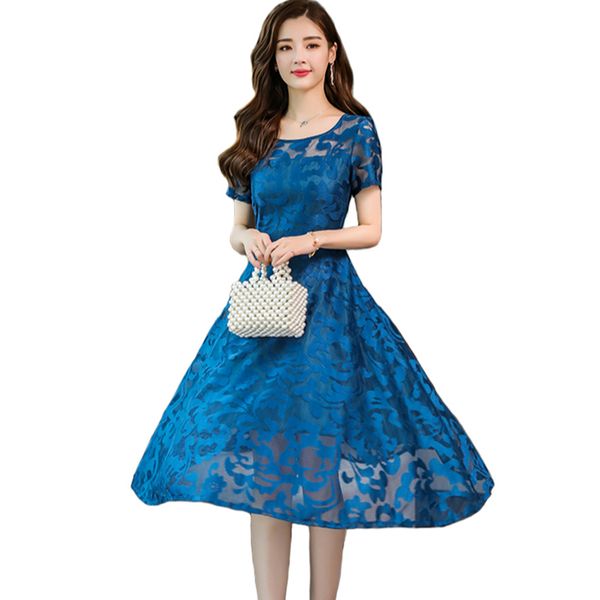 

summer dress women 2019 5xl plus size fashion casual o neck slim floral lace swing a line dress, Black;gray
