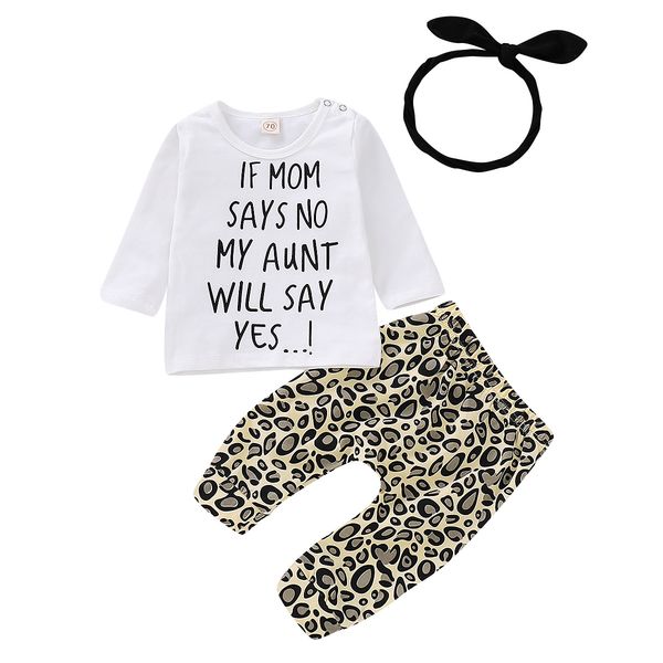 

inflant toddler baby girl leopard outfit long sleeve my aunt says yes shirts long pants heaband clothes set, White