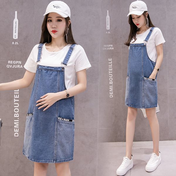 

maternity denim shoulder belt dress summer casual overalls clothes set for pregnant women loose belly support pregnancy dress, White