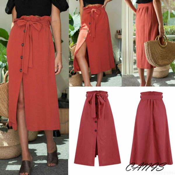 

ladies skirt womens midi skirt high waist front slit maxi button drawstring bandage, Black