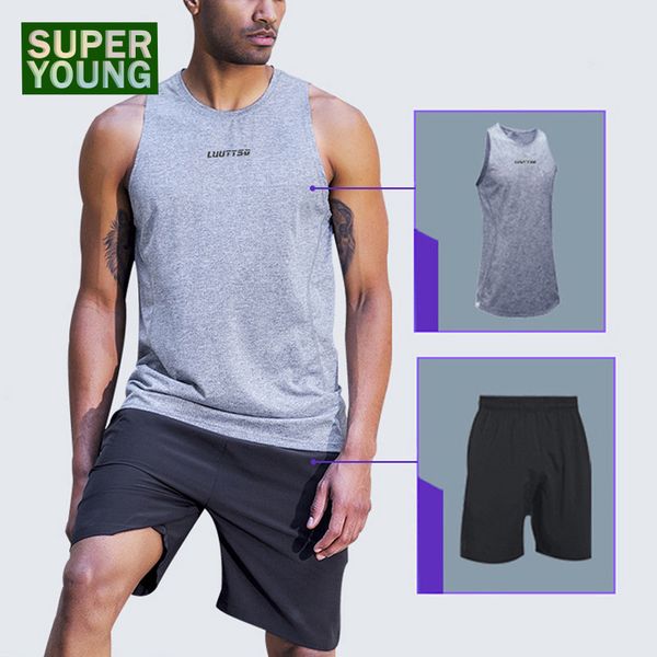 

men training fitness shirt gym jogging suit running vest basketball shorts sport workout clothes homme tracksuit sportswear, Black;blue