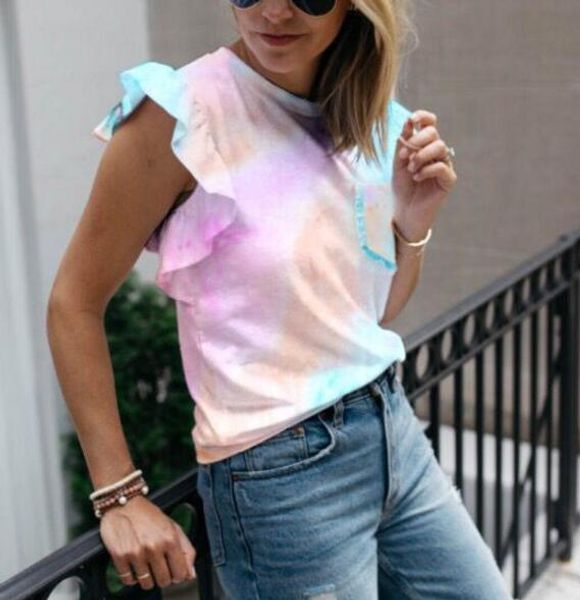 

2020 season new round neck tie dyed rainbow t-shirt women, White