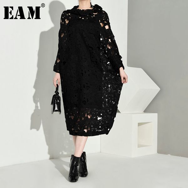 

eam] women black lace hollow out big size dress new round neck long sleeve loose fit fashion tide spring autumn 2020 q09101, Black;pink