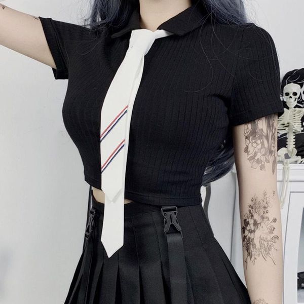 

women's t-shirt rosetic chic japanese style summer tshirt women gothic black tie school girl crop tees short sleeve knitted t shirts se, White