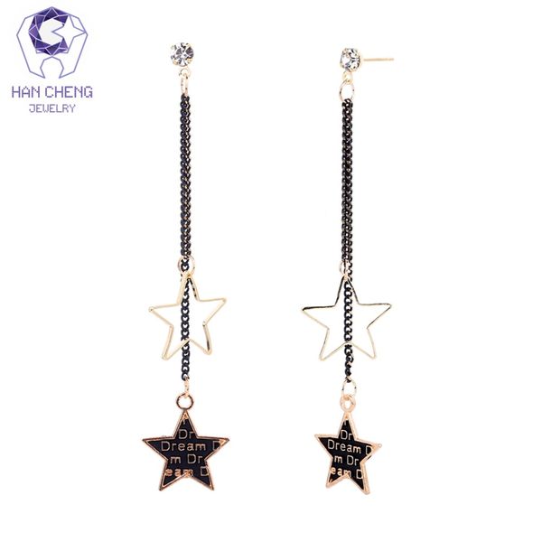

hancheng new fashion geometric pentagram dangle hanging rhinestone chain long drop earrings for women jewelry brincos bijoux, Silver
