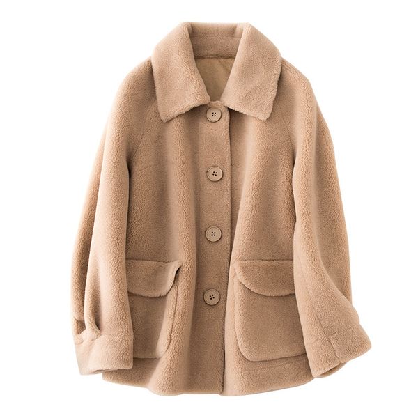 

real fur coat wool jacket autumn winter coat women clothes 2020 streetwear korean vintage suede lining sheep shearling 3310, Black