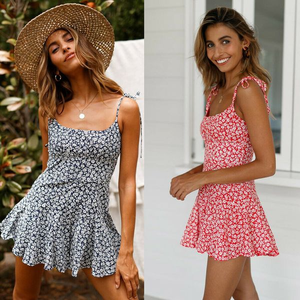 

2019 new style fashion women sleeveless wrap print floral ruffles ladies bandage summer playsuits holiday, Black;white