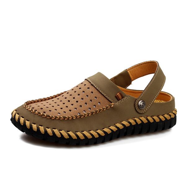 

summer fashion metal rivet back strap 1 wears men sandals handmade cut-outs cow nubuck leather male beach shoes, Black