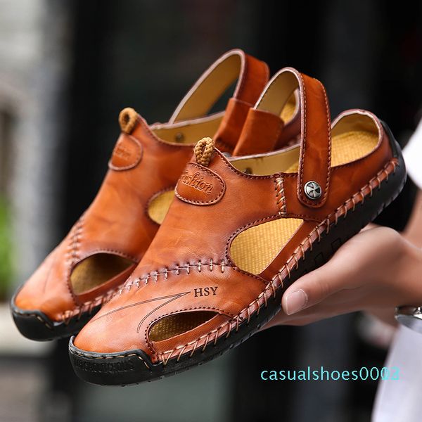

classic mens sandals summer genuine leather male beach sandals soft comfortable maor beach slippers slip-on man c03, Black