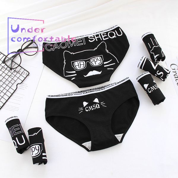 

happy fashion cat printed women underwear 100% cotton cute female panties comfortable intimates lovely girls briefs 2806, Black;pink