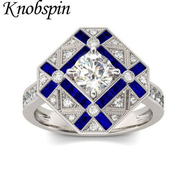 

new unique geometric design women rings inlaid blue zircon elegant full zircon engagement wedding rings fashion brand jewelry, Silver
