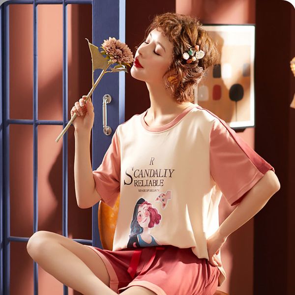 

2019 new women pajamas suits home suit sleepwear short sleeve pyjamas comfortable girl spring and summer models tracksuit, Black;red