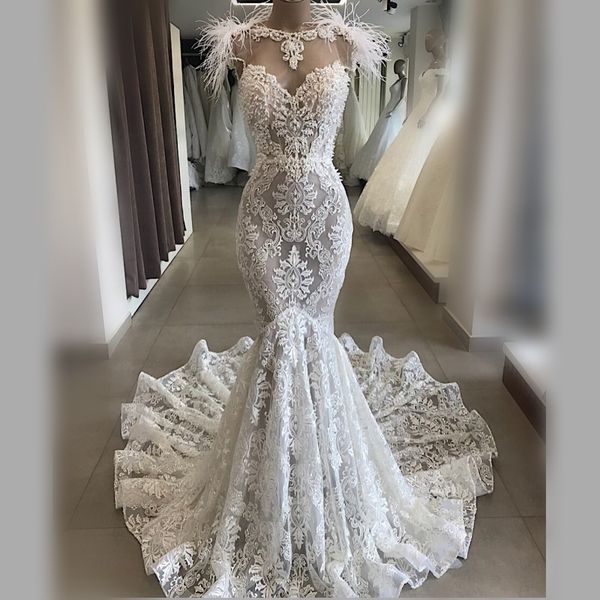 

african mermaid feathers lace wedding dresses with sheer neck backless wedding dress long train cap sleeves bridal vestidos, White