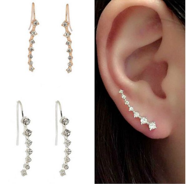 

ear climbing earrings 7 rhinestones silver/gold crystal sparkle rhinestone ear cuff ear stud pin earrings, Golden;silver