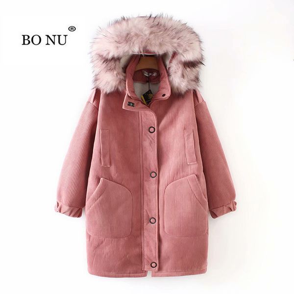 

2019 women winter corduroy parka big fur slim women winter jacket casual thick warm parka warm stylish women's jackets, Black