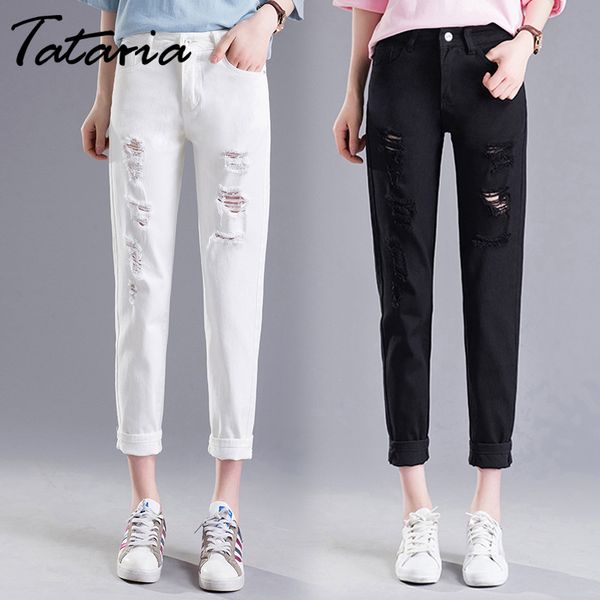 

tataria high waist ripped hole jeans women loose vintage harem jeans female solid casual ankle length wide leg pants, Blue