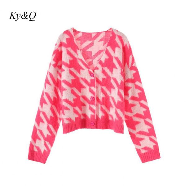 

brand design winter women pink houndstooth knitted cardigan v-neck sweet fashion single breasted loose short sweater 2020 tide, White