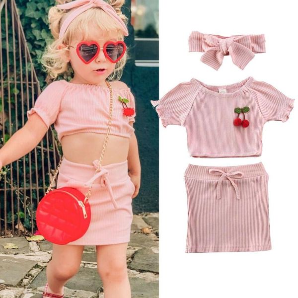 

wholesale summer kid baby girl clothes off shoulder cherry +skirts headband 3pcs outfits set 1-4y, White