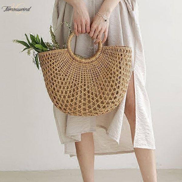 

new straw bag 2020 women hand woven hollow handbag moon shape rattan bag big capacity drawstring handbag casual travel beach bag