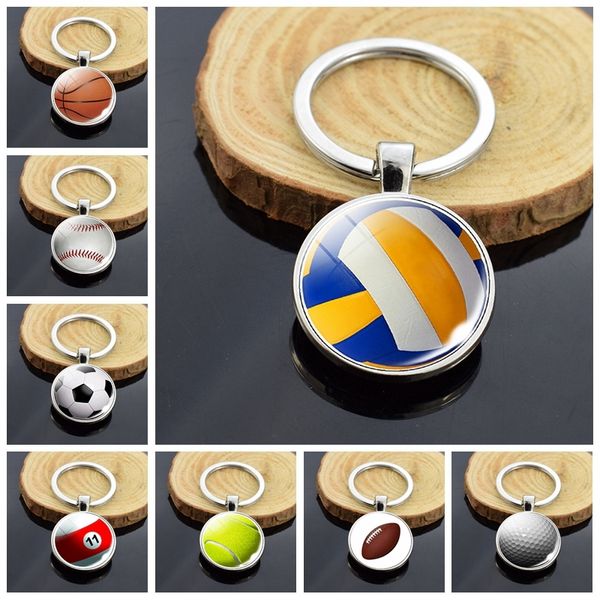 

sports ball series double sided key chain glass cabochon volleyball basketball football tennis baseball key rings gift for men, Silver