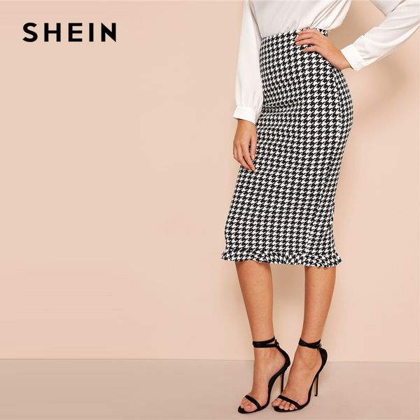 

shein black and white ruffle hem bodycon houndstooth sheath skirt womens spring elegant casual high waist straight long skirt