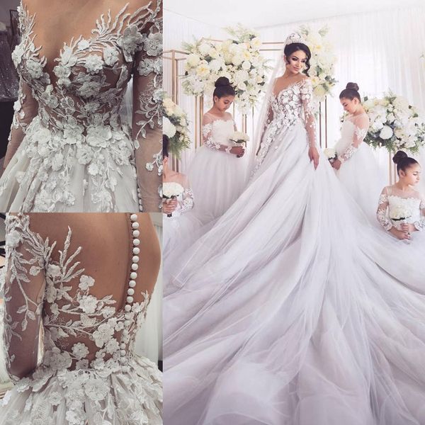 

gorgeous country wedding dresses a line long train lace appliqued long sleeve beach wedding dress custom sheer jewel neck boho bridal gowns, White