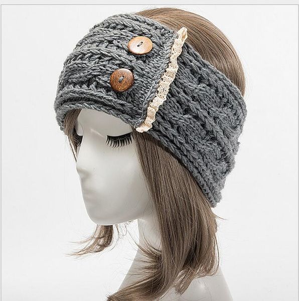

autumn and winter women's knitted wool 8 word twist lace 2 buttons thick warm hair accessories hair band