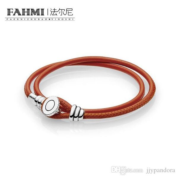 

fahmi 100% 925 sterling silver 597194cso-d-1 moments spicy orange double leather bracelet with button clasp original women's, Black