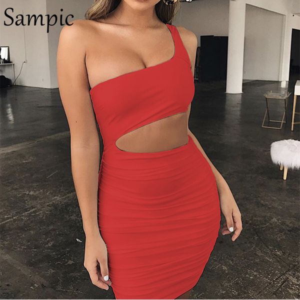 

sampic casual bench ladies hollow out solid sleeveless dresses woman party night one shoulder summer dress 2019, Black;gray