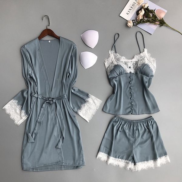 

women rayon sleepwear lace trim nightwear 3pcs sleep set spring summer kimono bath gown casual pajama pijama suit -xl, Blue;gray