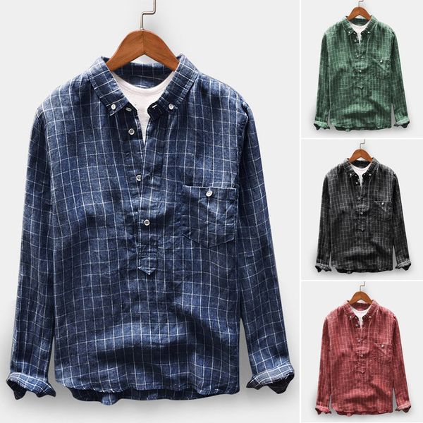 

feitong 2019 summer linen shirt men's retro plaid long sleeve pocket plus size turn-down collar shirts comfortable men's shirt, White;black