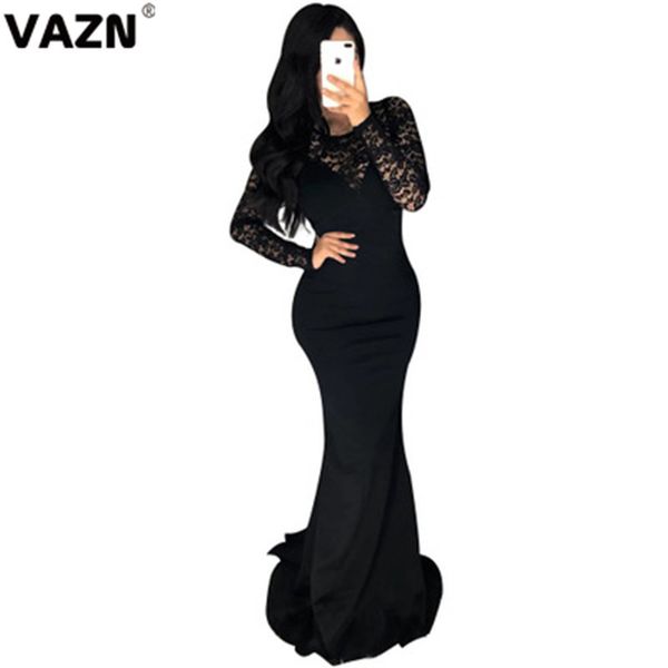 

vazn осень зрелый возраст upmarket sexy club лоскутная lace top solid полный рукав талия женская коллекция русалка макси платье, Black;pink