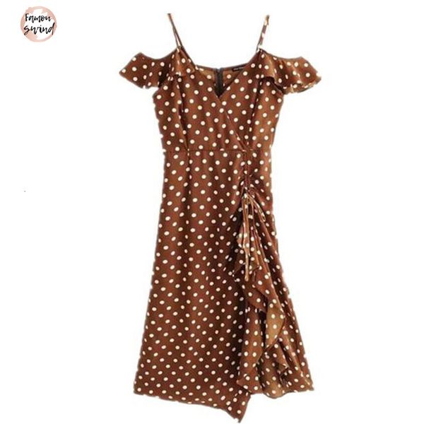 

женщины вниз 2019 летнее платье brown polka dots vintage оборками midi платье платья стиль пляж drop доставка, Black;gray