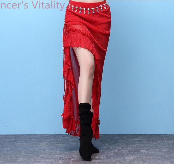 

new belly dance costumes girls dance practice skirt for women belly performance ruffled perspective dancewear clothes, Black;red