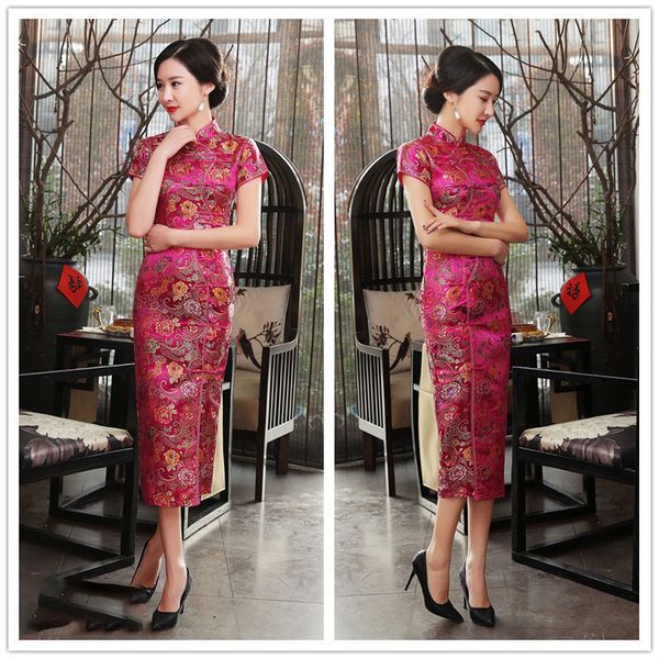 

evening party dress for women design vintage flower tang suit slim women's satin cheongsam traditional chinese dress, Red