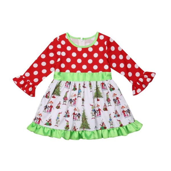

christmas cute infant kids baby girls autumn dress cartoon print dot long flare sleeve knee-length a-line dress 1-6y, Red;yellow
