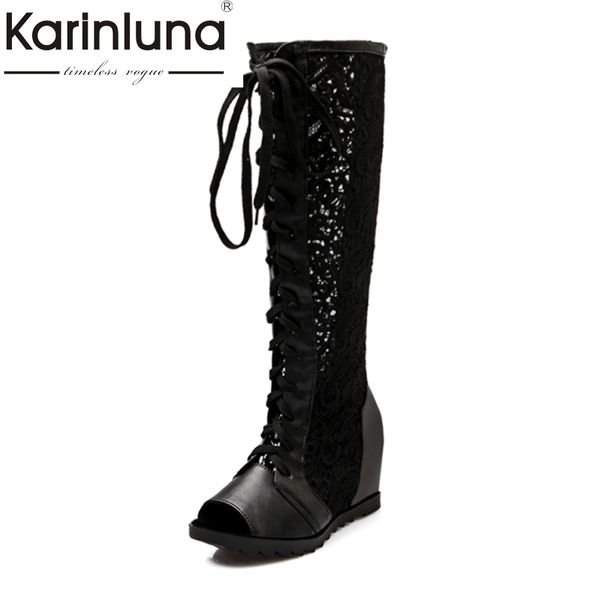 

karin big size 34-43 inner wedge heels women shoes lace upper knee high boots leisure woman summer boots peep toe platform, Black