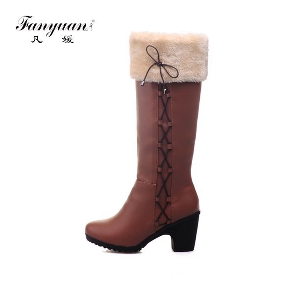 

fanyuan fashion women's winter short plush shoes narrow band knight boots women square heel snow boots slip-on knee high, Black