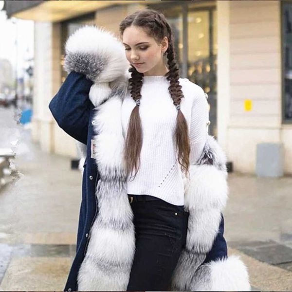 

ur 2019 new fashion winter female long jeans parka coats real fur parka for women fur full sleeves lapel collar, Black