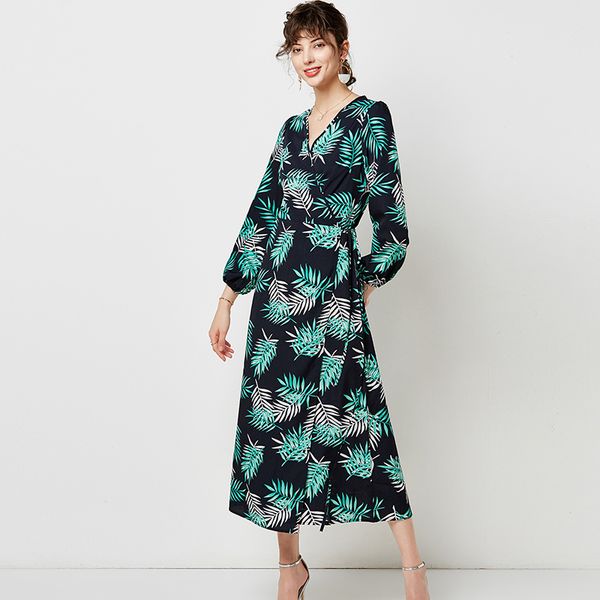 

женщины v шеи sexy split элегантные платья 2020 урожай цветочные печать boho длинные платья вскользь фонариков втулки lady midi платья, Black;gray