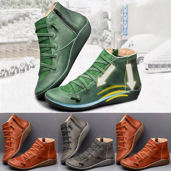 

plus size 43 women's lace ankle booties leather retro lace-up casual flat boots side zipper round toe shoes green Â street style, Black