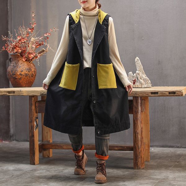 

ewq] 2019 autumn winter new pattern hooded collar hit colors patchwork denim single breasted casual vest women ah86115, Black;white