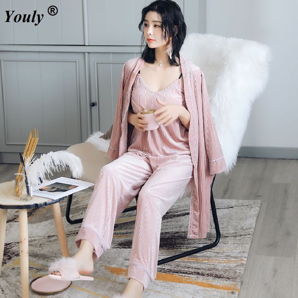 

corduroy velvet 3 peices warm winter pajamas sets women 2018 robe sleepwear long sleeve nightwear pant suit including bra chest, Blue;gray