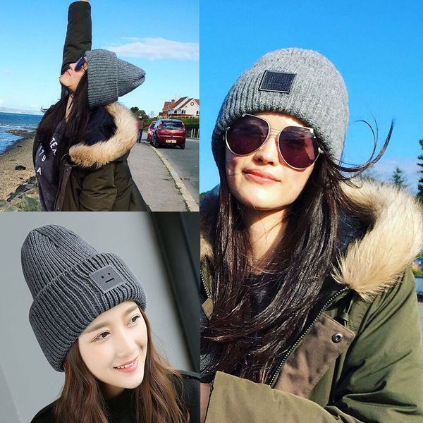 

women knitted hat autumn winter leisure knit pointed beanies fashion couple's square label decoration cap, Blue;gray