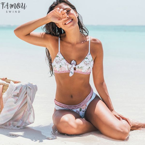 

floral bikini bandage bow swimsuit push up swimwear women print biquini feminino bathing suit monokini bikini set, White;black
