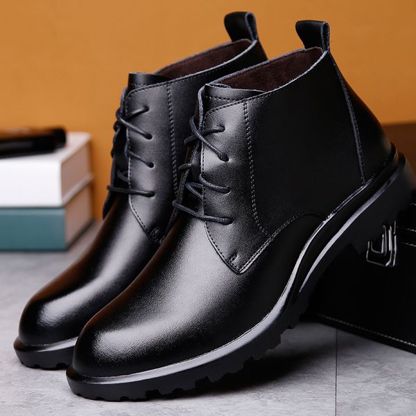 

warm genuine leather men boots winter big size ankle boots men's lace up comfortable non-slip male fur snow yuj7, Black