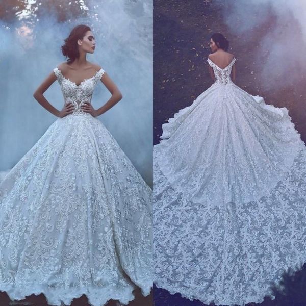 

cathedral train wedding dresses 2020 modern luxury arabic lace off shoulder backless gorgeous bridal wedding gowns robes de mariee, White